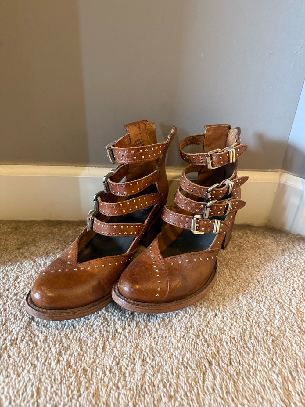freebird Brown Strappy Buckle Ankle Heeled Boots